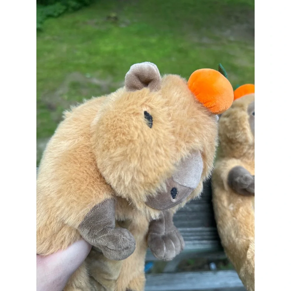 Oooh Geez Capybara Plush Slippers Tan Brown Orange Fruit Novelty House Shoes